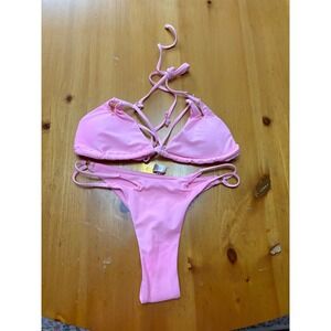 SHENHE Womens Brazilian Thong Bikini Set Triangle Halter Pink Swimsuit Size M